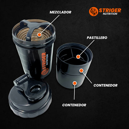 SHAKER STRIGER NUTRITION 500 ML - CON COMPARTIMIENTO Y PASTILLERO