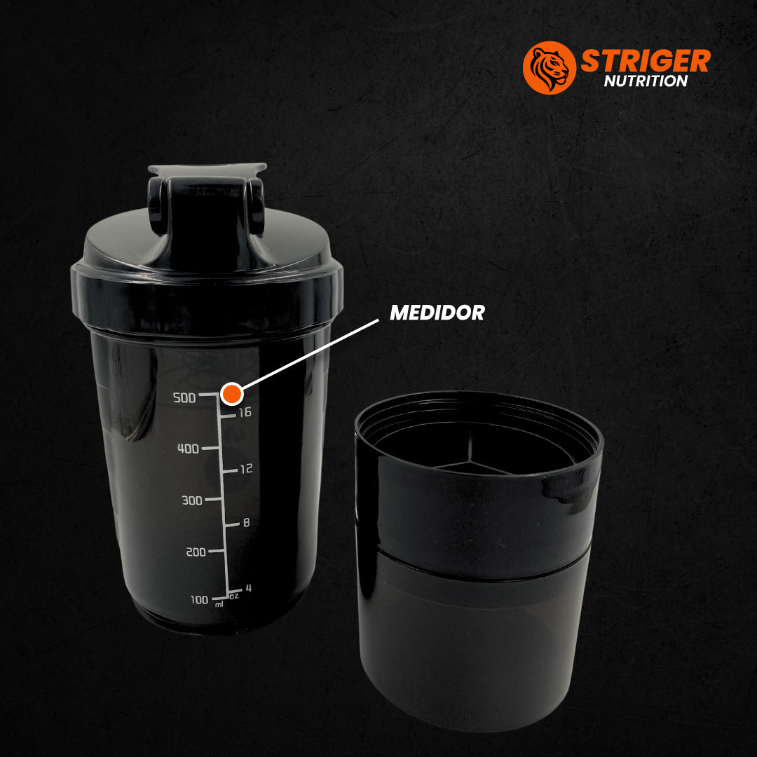 SHAKER STRIGER NUTRITION 500 ML - CON COMPARTIMIENTO Y PASTILLERO